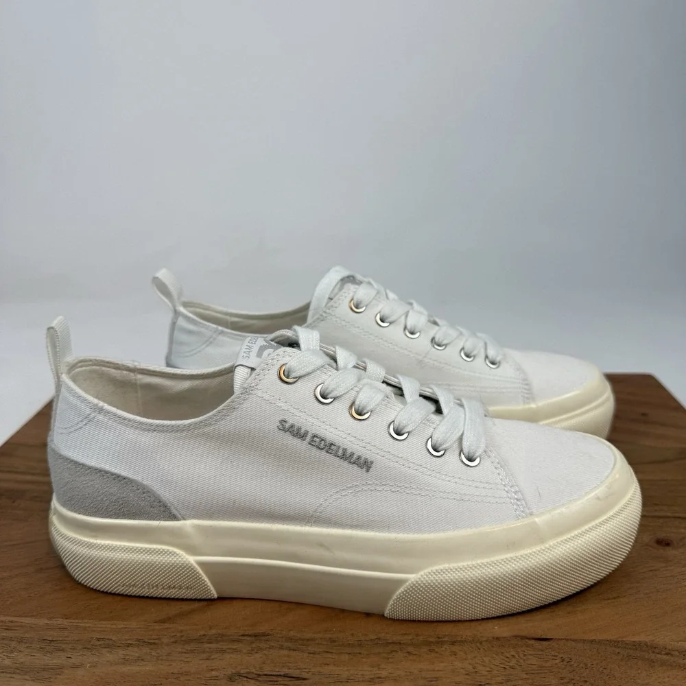 New Womens Sam Edelman‎ Sonia Canvas White Lace-Up Platform Sneakers Size 7 M